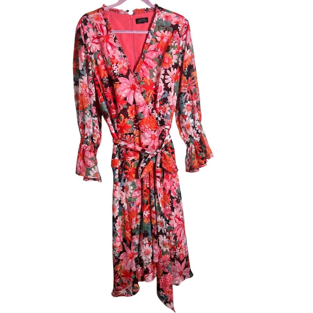 Tahari Arthur S Levine ASL Floral Faux Wrap Midi Dress Ruffle V Neck Long Sleeve